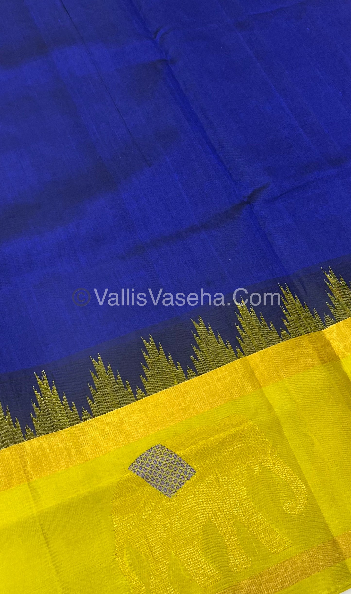 Pure Korvai Silk Cotton Saree - Border Elephant butta Design Blue With Yellow - VVKSC018