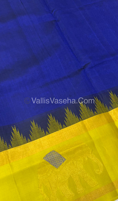 Pure Korvai Silk Cotton Saree - Border Elephant butta Design Blue With Yellow - VVKSC018