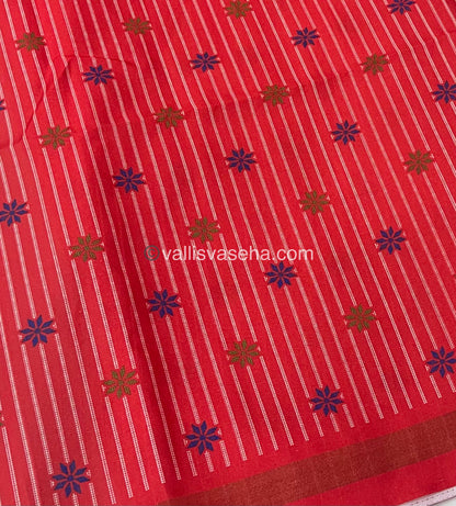 Semi Tussar / Semi Chappa Silk |Peacock Design | - Cream & Peachish Red Combo - VVSTS018