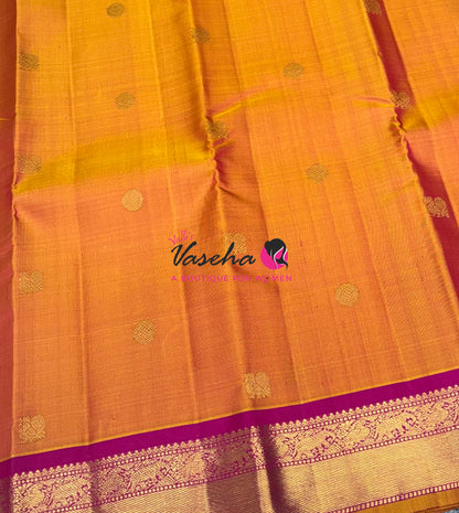 Pure Kanchipuram Silk Saree - Dual Tone Golden Yellow & Pink Combo - VVPS025