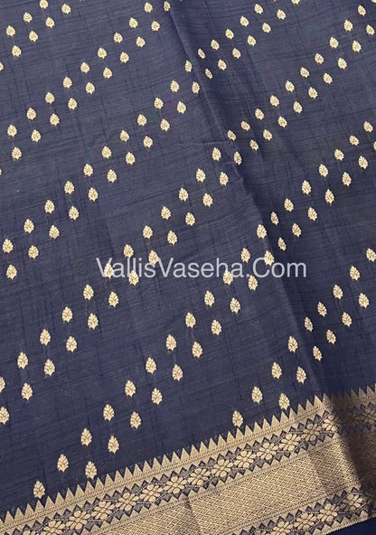 Semi Tussar Silk - Grand Pallu  - Navy Blue Shade - VVSTS017