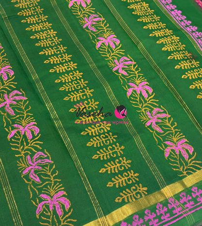 Pure Printed Silk Cotton Sarees - Pink With Green - VVPSC004