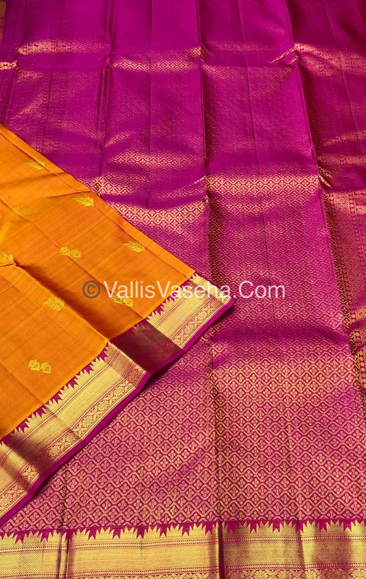 Pure Kanchipuram Silk Saree - Yellow  & Pink Combo - VVPS013