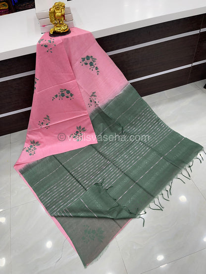 Bhagalpuri Silk - Embroidered - Light  Pink & Green - VVBS001