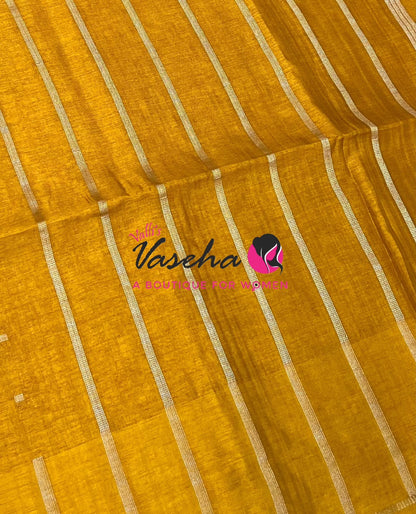 Semi Matka Tussar Silk Saree | Double Blouse | Yellow Shade |VVSTS052