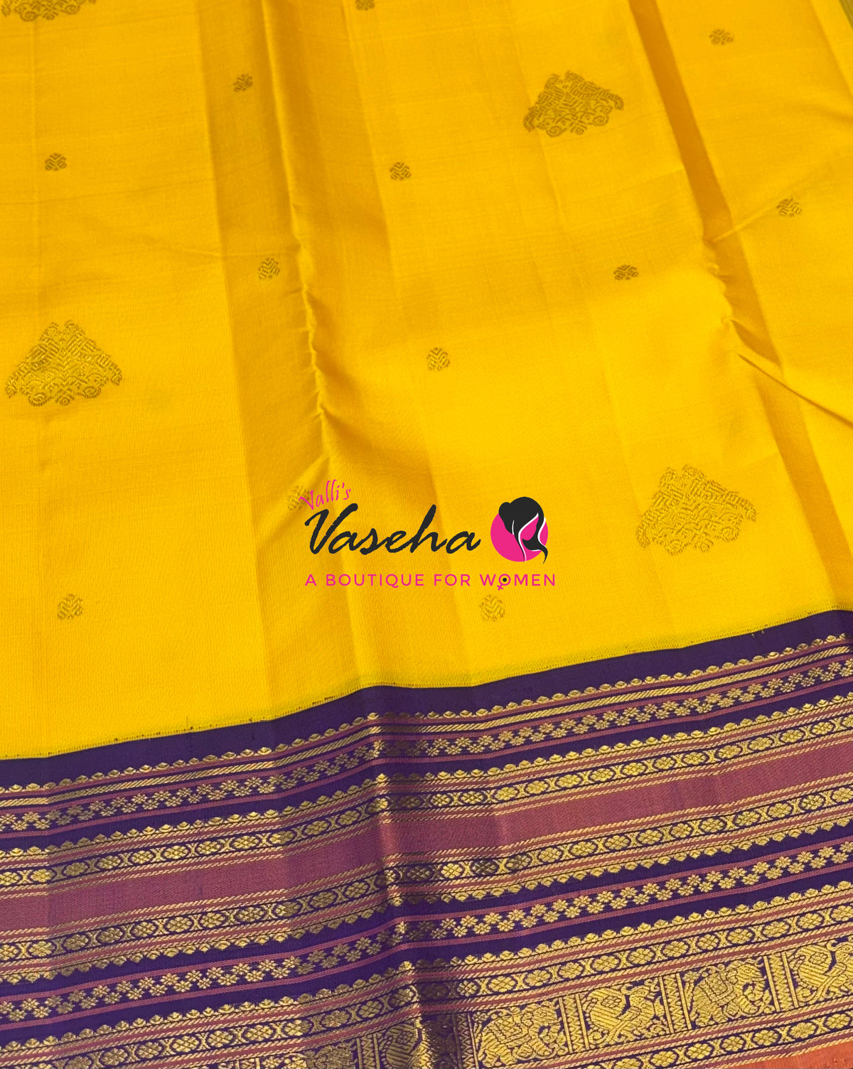 Pure Vintage Korvai Kanchipuram Silk Saree - Yellow With Violetish Purple - VVPS046