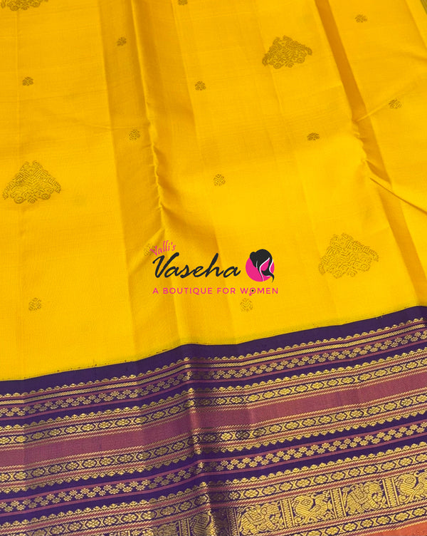 Pure Vintage Korvai Kanchipuram Silk Saree - Yellow With Violetish Purple - VVPS046