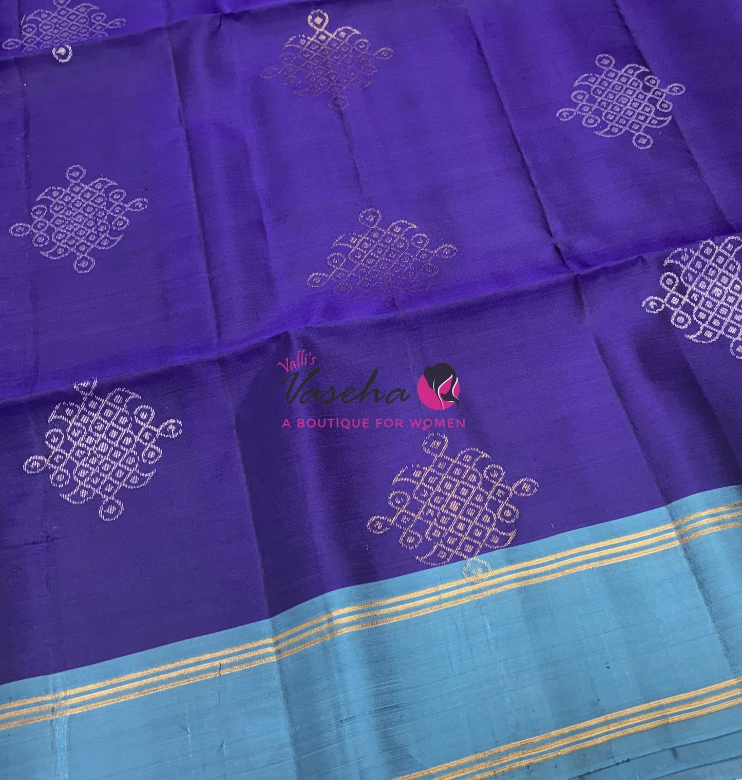 Pure Soft Silk Saree - (1.75 Warp) Kolam Design - Shade Of Blue & Blue Shade - VVPSS074