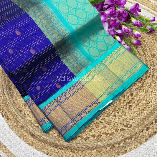 Pure Korvai Silk Cotton - Checks Pattern - Blue with Blue Shade  - VVKSC035
