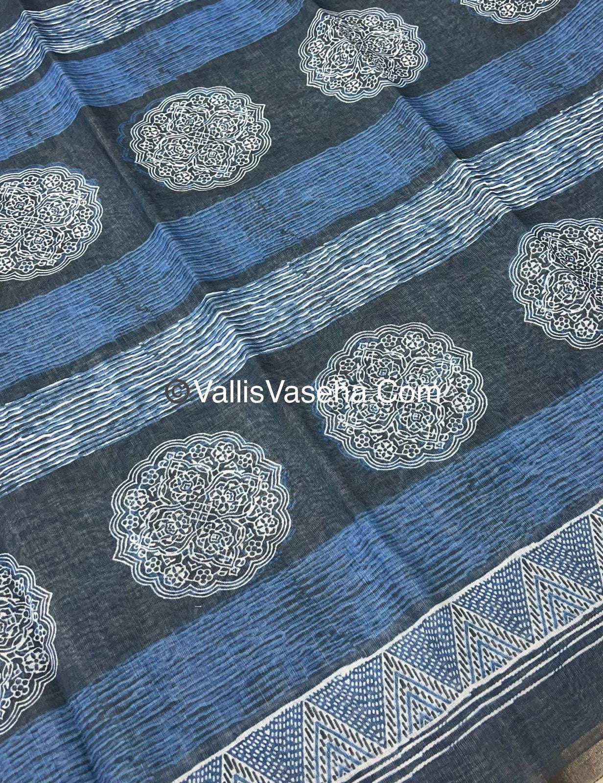 Linen Mixed Cotton Saree - Indigo Blue - Printed - VVLMP001