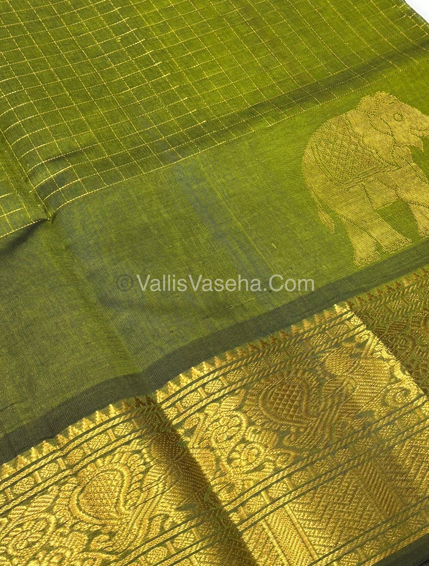 Pure Korvai Silk Cotton - Checks Pattern - Green Shade  - VVKSC033