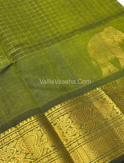 Pure Korvai Silk Cotton - Checks Pattern - Green Shade  - VVKSC033