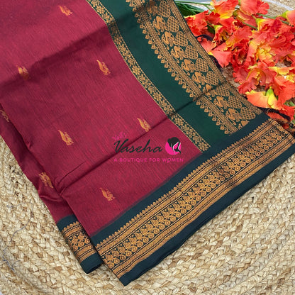 Kalyani Cotton Saree - Maroon With Green Shade - VVKC002