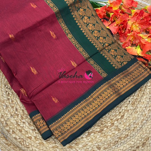 Kalyani Cotton Saree - Maroon With Green Shade - VVKC002