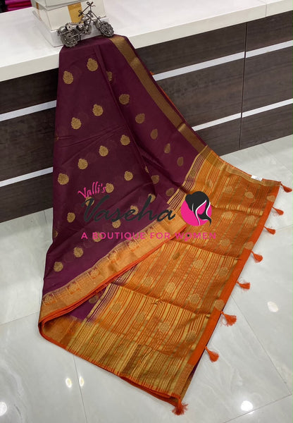 Semi Jute Silk Saree - Wine With Orange Shade- VVSJS002
