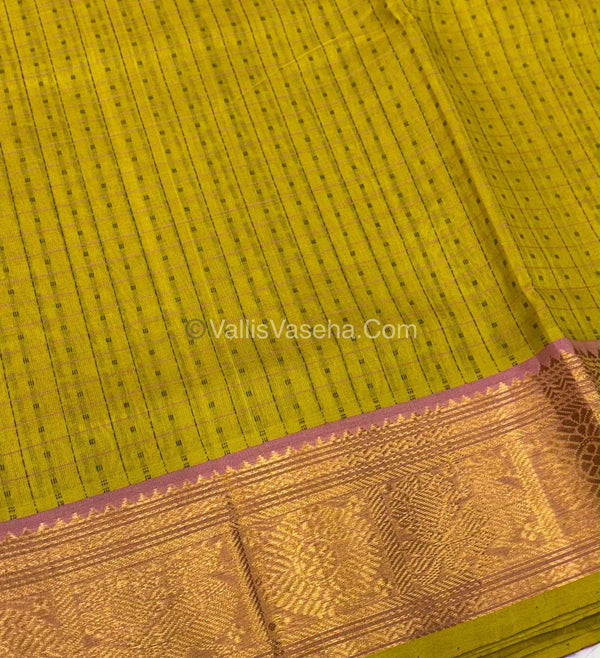 Pure Silk Cotton Saree - Yellow With Lavender - Lakshadeepam Design - VVPLD001