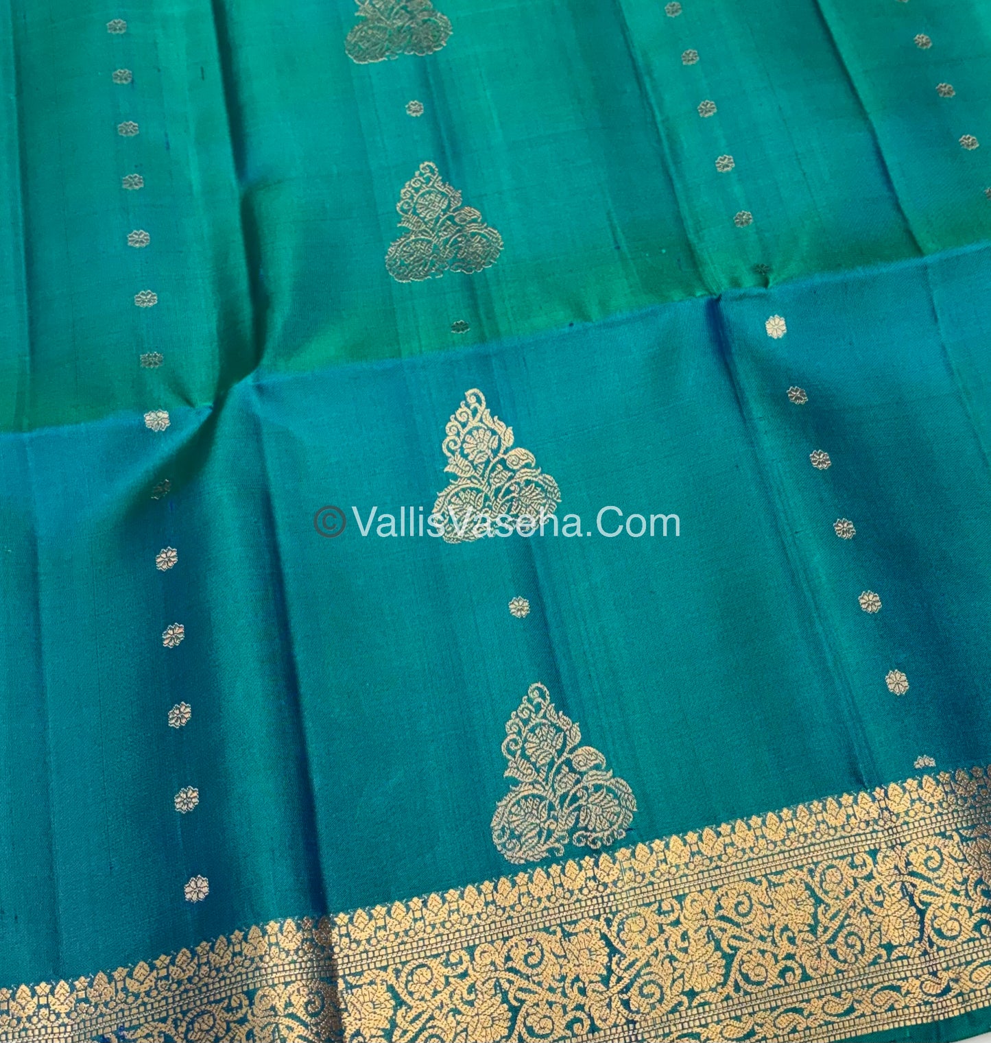 Pure Soft Silk Saree - Kanchi Border - Peacock Blueish Green Shade - VVPSS033