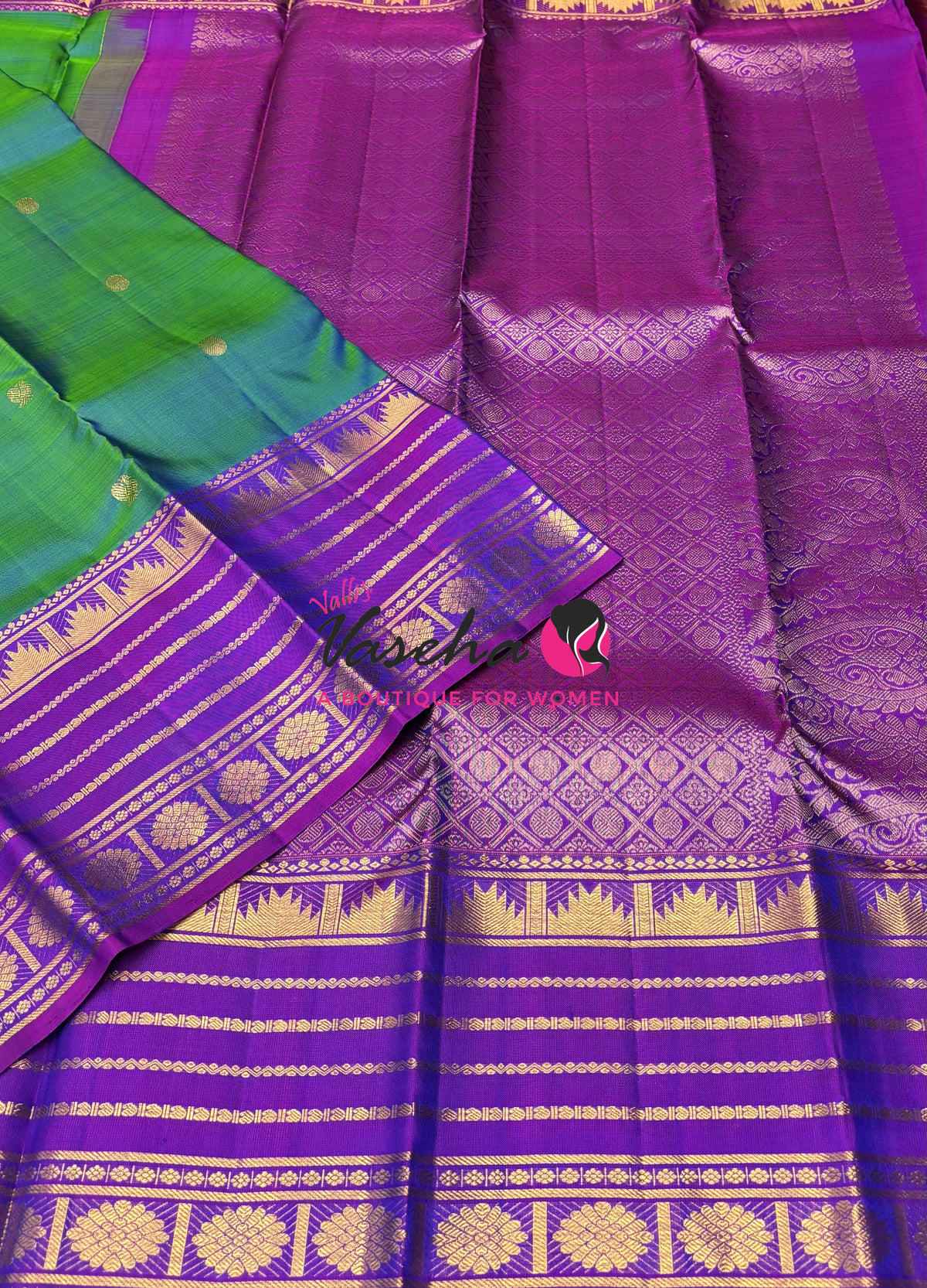 Pure Kanchipuram Silk Saree - Peacock Blue With Purplish Pink - VVPS098