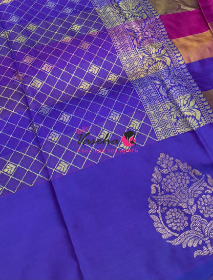 Semi Soft Silk  - Madras Checks Pattern -  Violetish Purple Shade  - VVSSS042