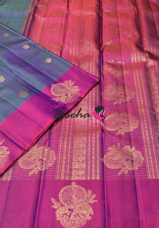 Pure Kanchipuram Silk Saree - Dual Tone Blue & Dual Tone Pink Combo - VVPS080