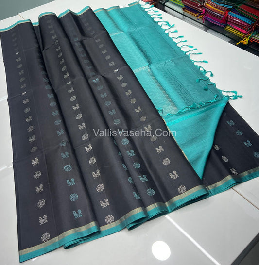 Pure Soft Silk Saree  - Black & Blue Combo  - VVPSS055
