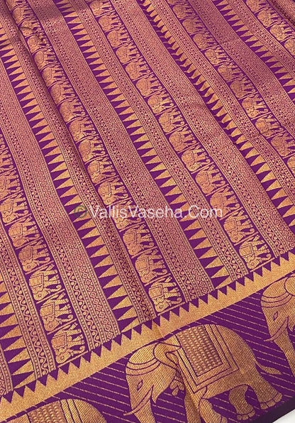Semi Silk Saree - Kanchi Silk Style - Elephant Border - Green with Purple- VVSSS005