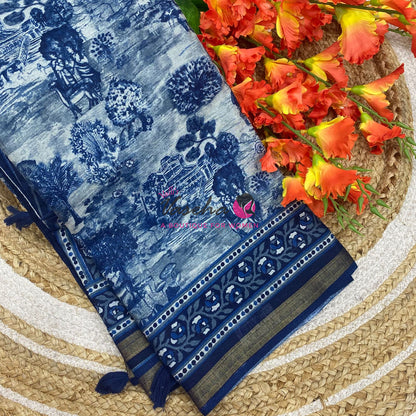 Semi Maheshwari Mixed Cotton Saree - Linen Feel - Indigo Blue - VVMSC008