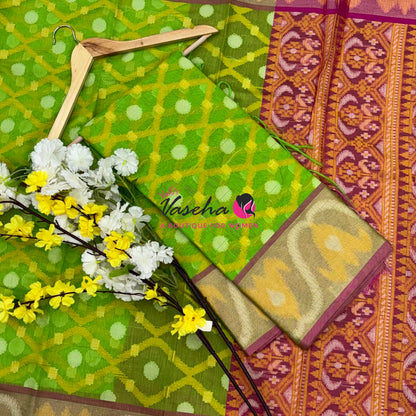 Banarasi Pochampally Weaving Semi Soft Cotton Saree - Parrot Green with Pink  - VVBPS001