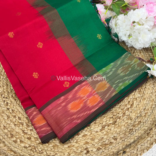 Semi Silk Cotton Saree -  Red & Green - VVSSC001
