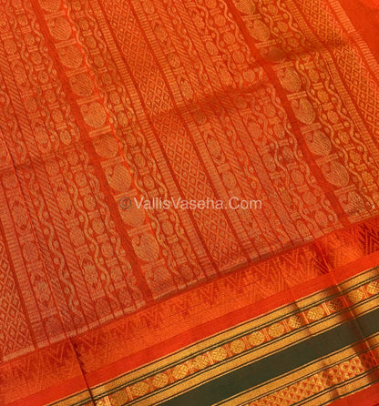 Pure Korvai Silk Cotton Saree - Green  with Orange- VVKSC030