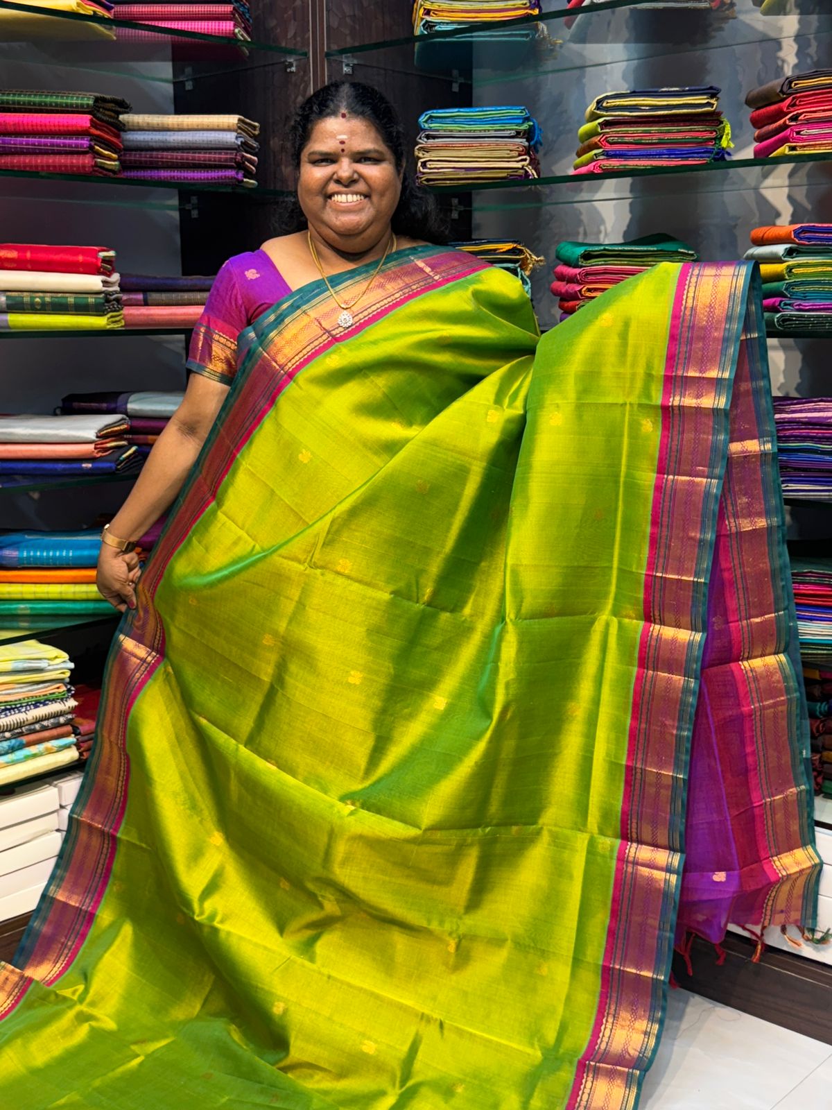 Pure Korvai Silk Cotton Saree - Sneha Green With  Purple Combo - VVKSC004
