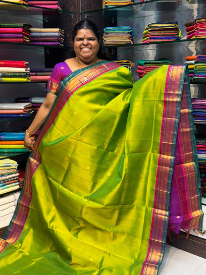 Pure Korvai Silk Cotton Saree - Sneha Green With  Purple Combo - VVKSC004