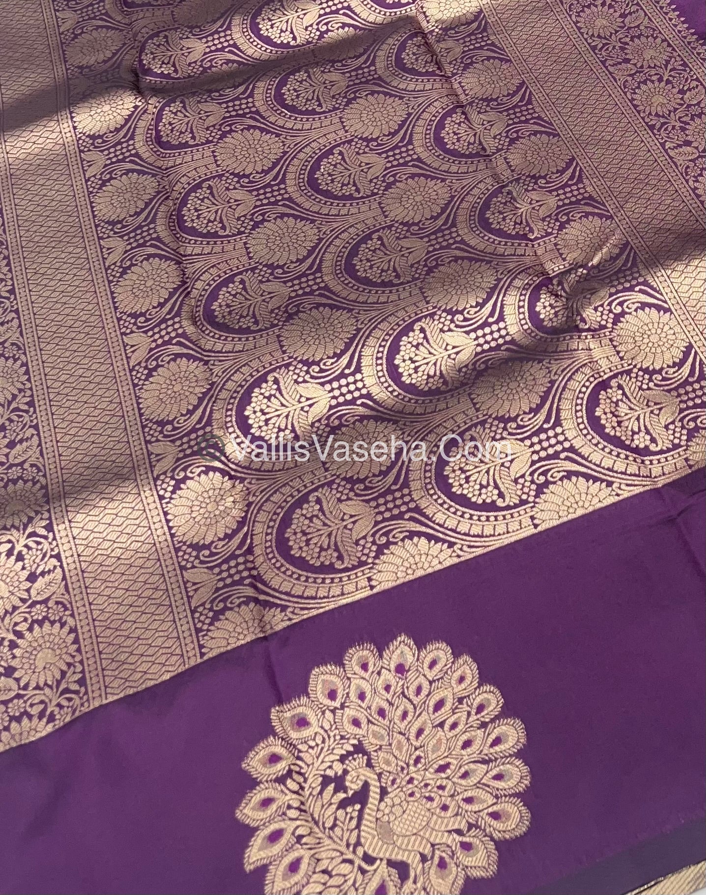 Semi Soft Silk - Peacock Butta Border - Dark Purple Shade -VVSSS011