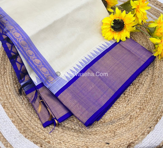 Pure Korvai Silk Cotton Saree - Cream With Blue Shade Temple border - VVKSC001