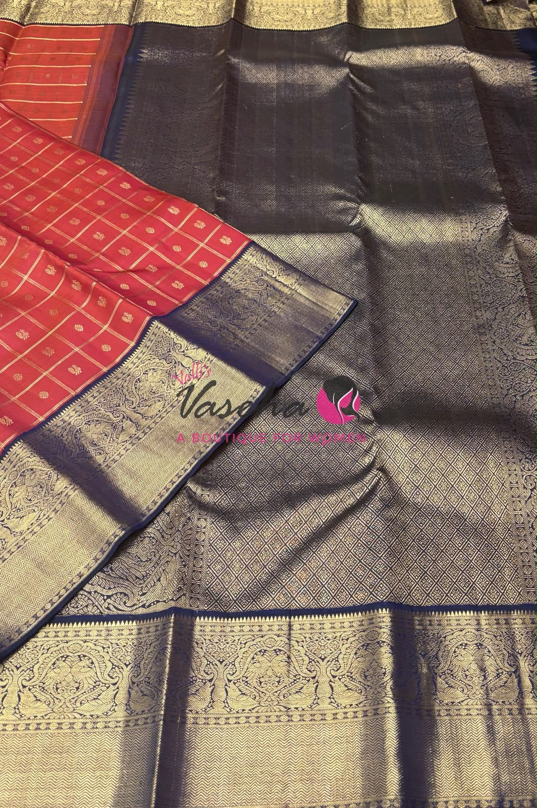 Pure Vintage Korvai Kanchipuram Silk Saree - Rust Pink & Navy Blue Combo - VVPS044