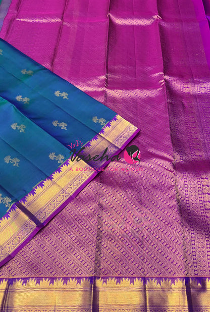 Pure Kanchipuram Silk Saree - Dual Tone Peacock Blue & Purplish Pink Combo - VVPS013