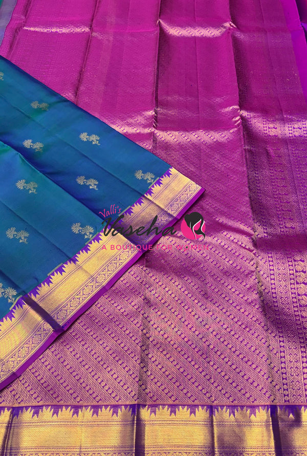 Pure Kanchipuram Silk Saree - Dual Tone Peacock Blue & Purplish Pink Combo - VVPS013
