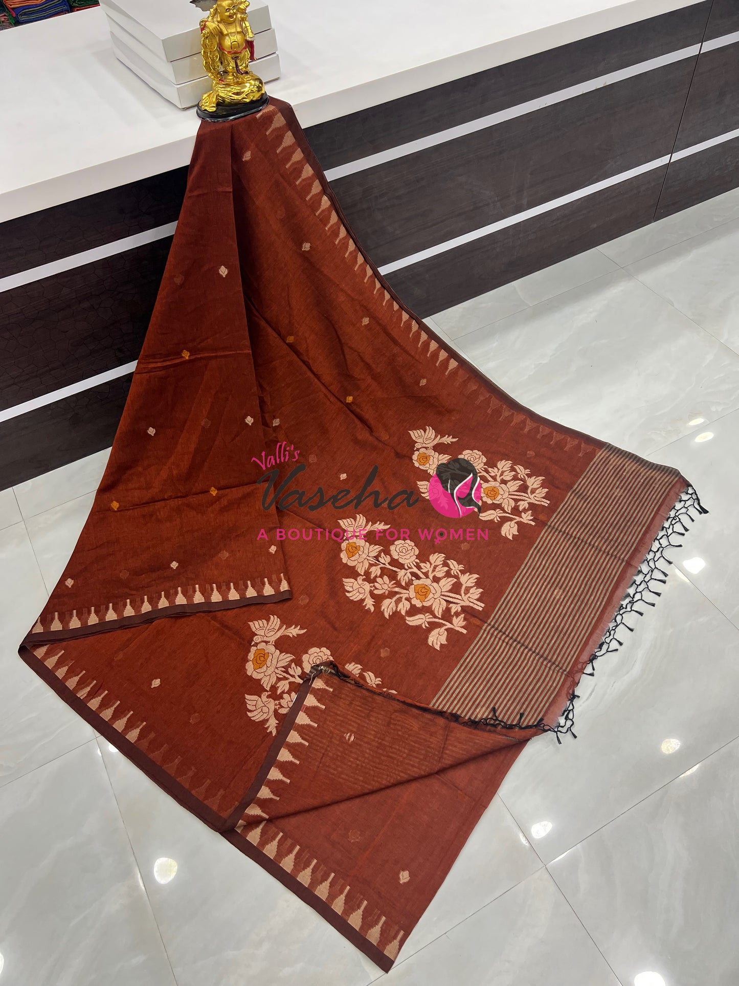 Bengal Kaddhi Cotton Saree | VVBKC001 |Rustic Merun