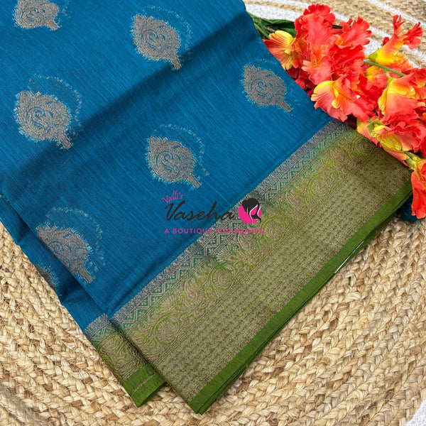 Bamboo Silk Saree - Blue With Green - VVBSS019
