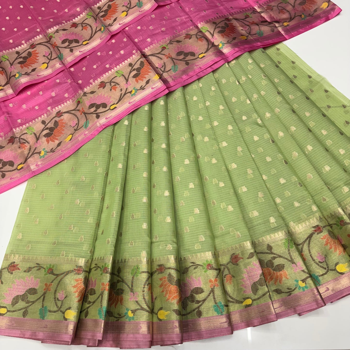 Unstitched - Lehenga Material - Zari Kota Tissue -  Green & Pink - VVULM001