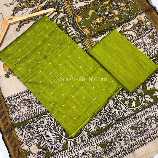 Unstitched Salwar Material -Raw Silk - Green Shade   Nizam Border Duppatta - VVUSM010