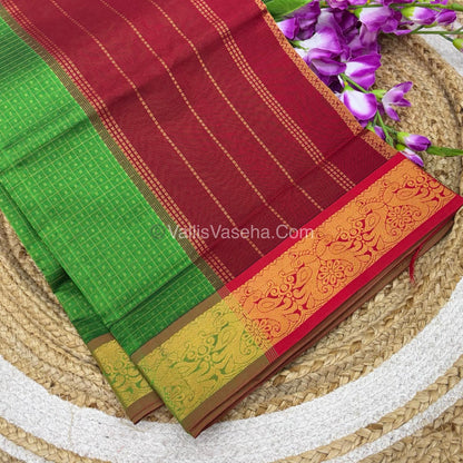 Semi Silk Cotton Saree - Green With Red Shade - VVSSC006
