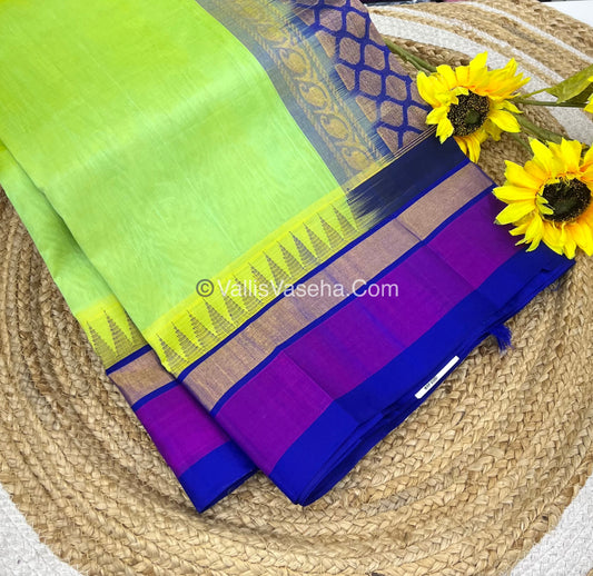 Pure Korvai Silk Cotton Saree - Green With Blue Shade Temple border - VVKSC001
