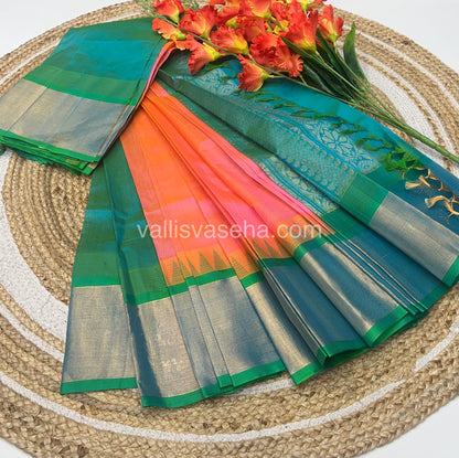 Pure Korvai Silk Cotton Saree - Peach With Turquoise Blue Shade Temple border - VVKSC001