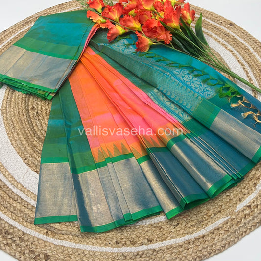 Pure Korvai Silk Cotton Saree - Peach With Turquoise Blue Shade Temple border - VVKSC001