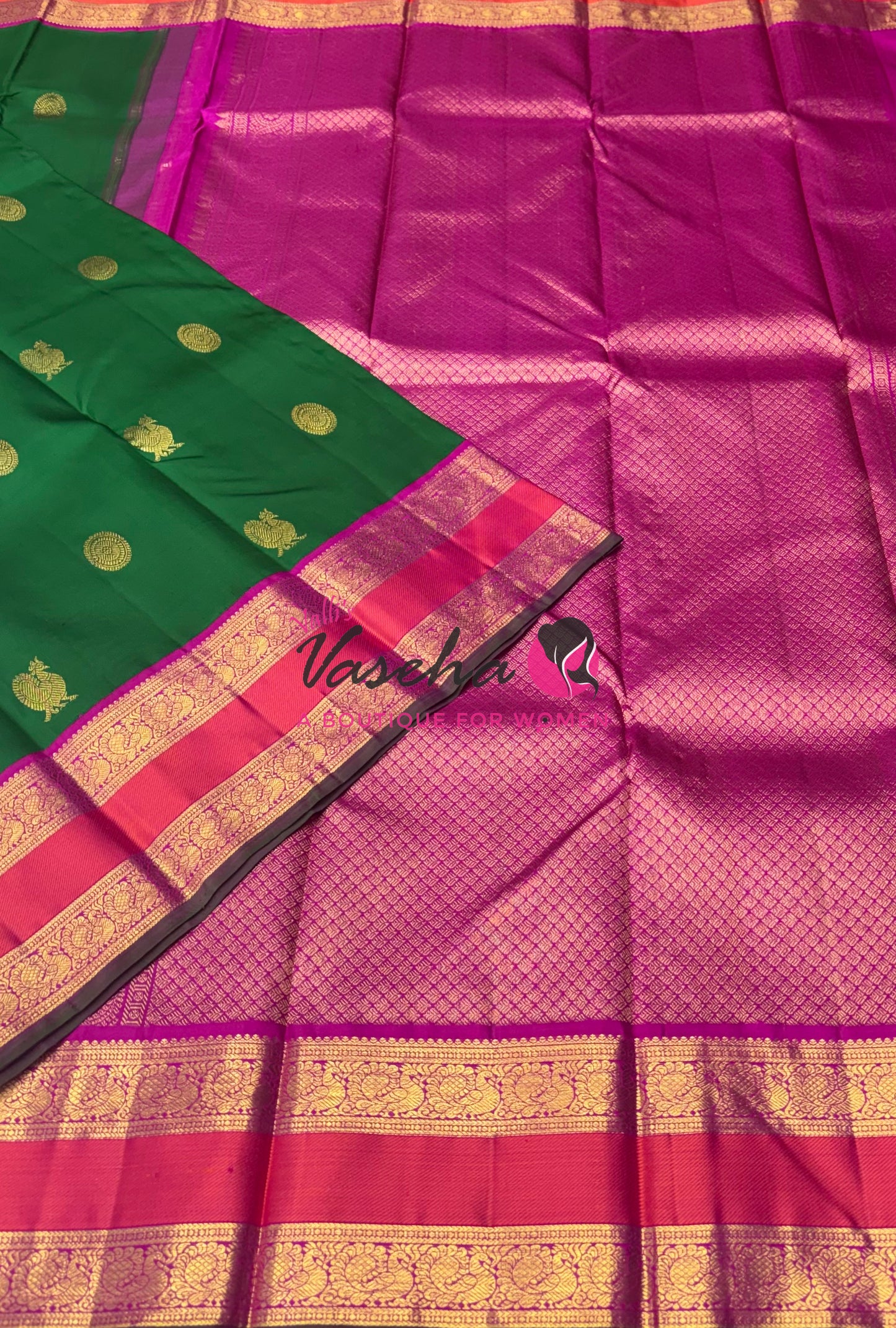 Pure Vintage Korvai Kanchipuram Silk Saree - Green & Pink Combo - VVPS038
