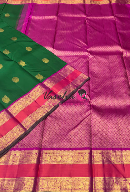 Pure Vintage Korvai Kanchipuram Silk Saree - Green & Pink Combo - VVPS038