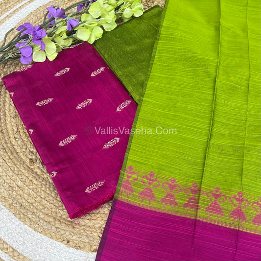 Unstitched Salwar Material -Raw Silk - Pink with Green  Shade - VVUSM004