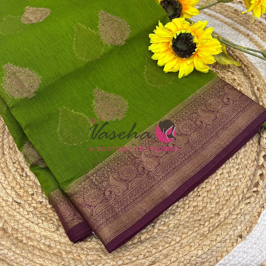 Bamboo Silk Saree- Green with Brown Shade - VVBSS013
