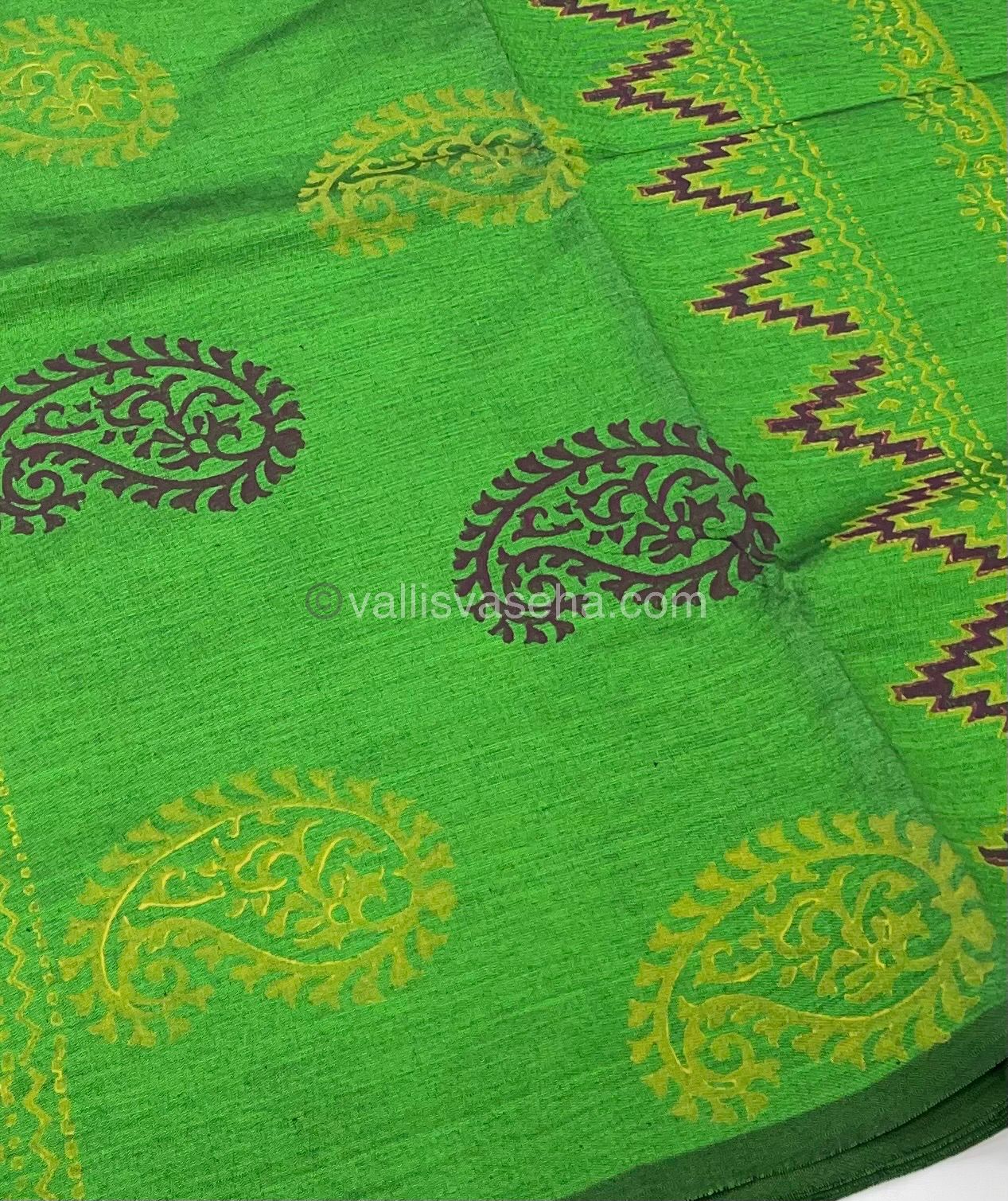 Poly Silk Mixed Printed Cotton - Green With Pink - VVPCP002